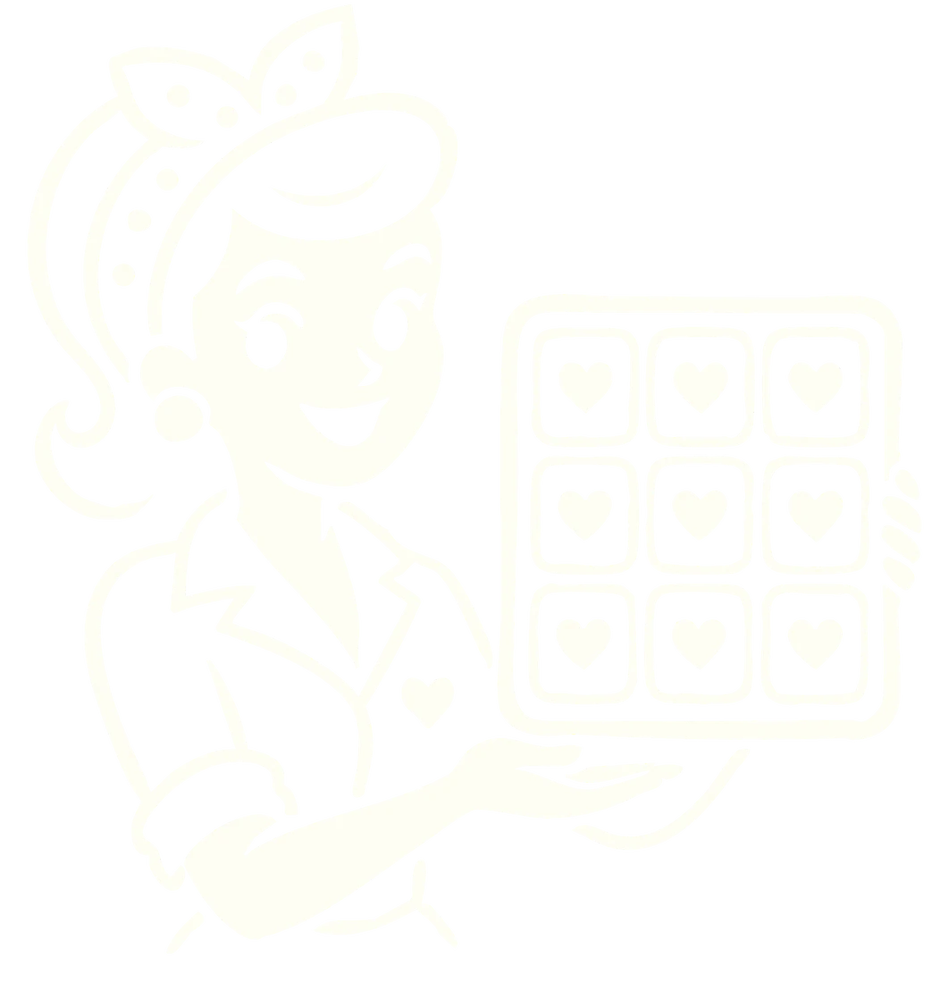 Drawing of a woman holding a sheet of nine heart magnets